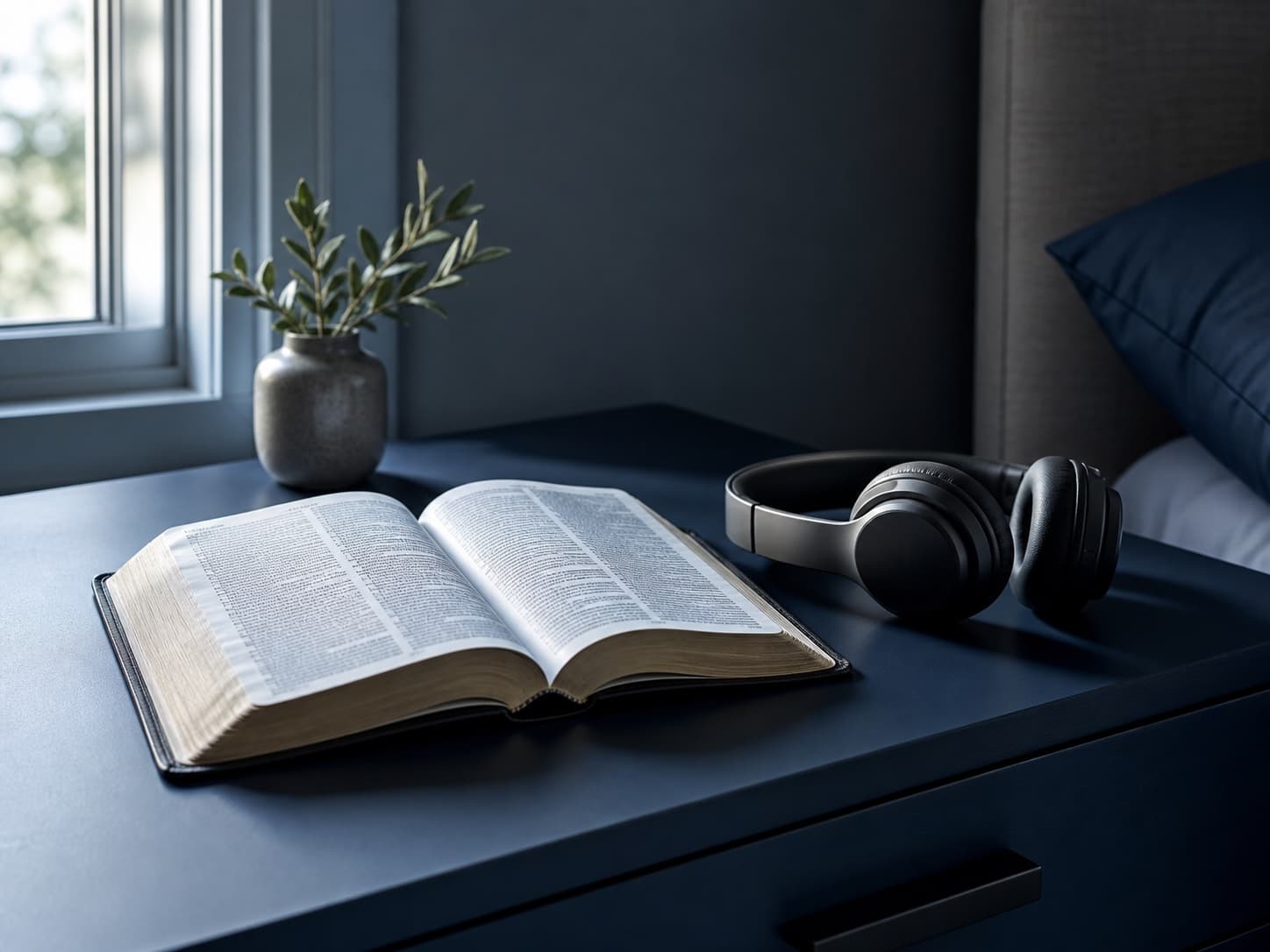 An open Bible beside a pair of headphones